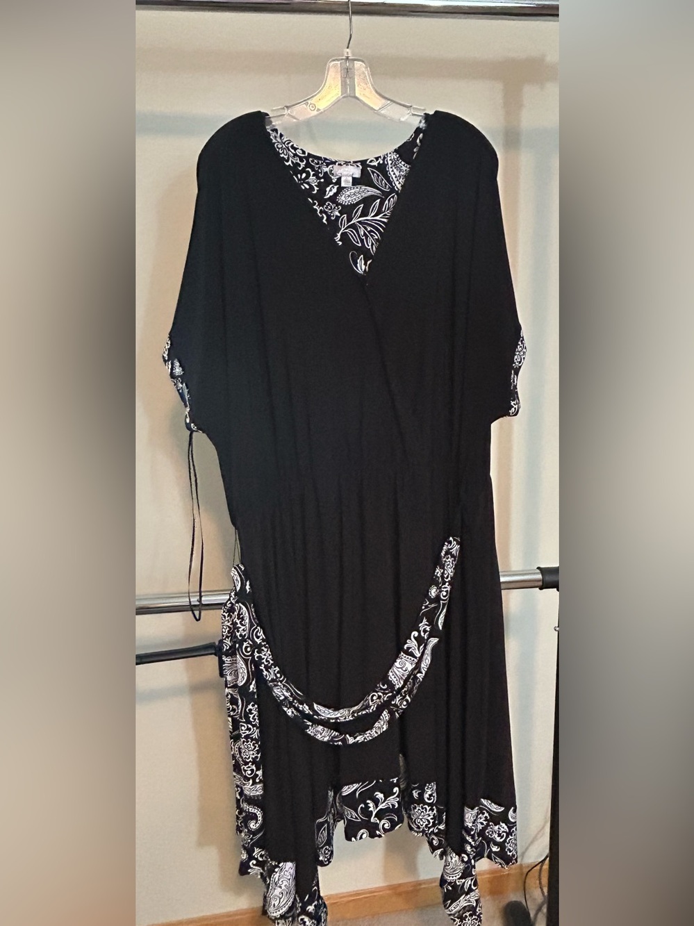 Black Floral-Trim Wrap Dress